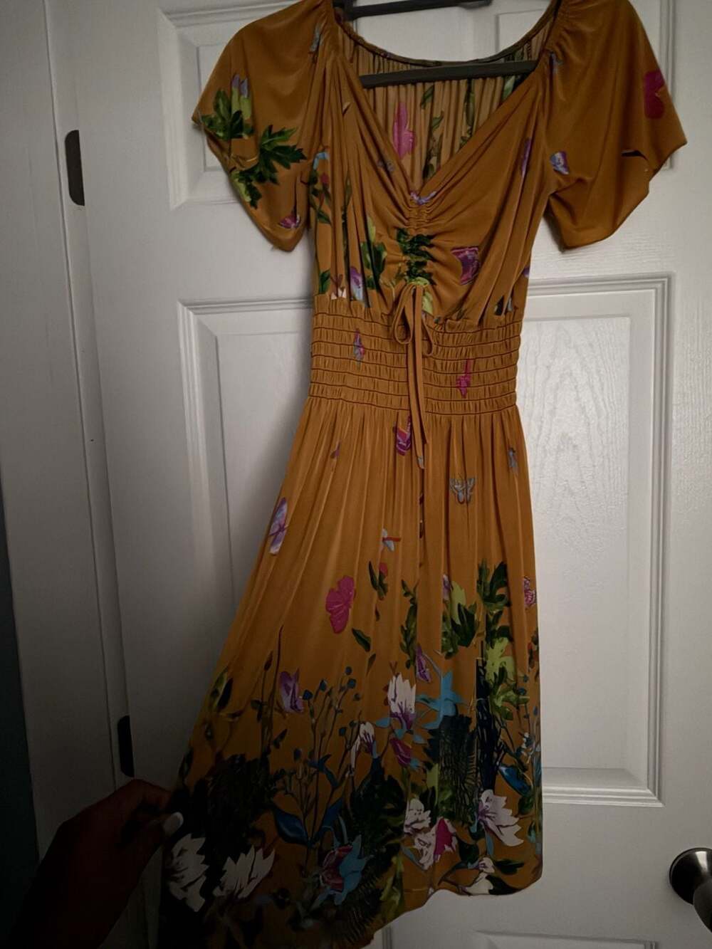 Floral Butterfly Print Smocked Waist Midi Dress Size S/M